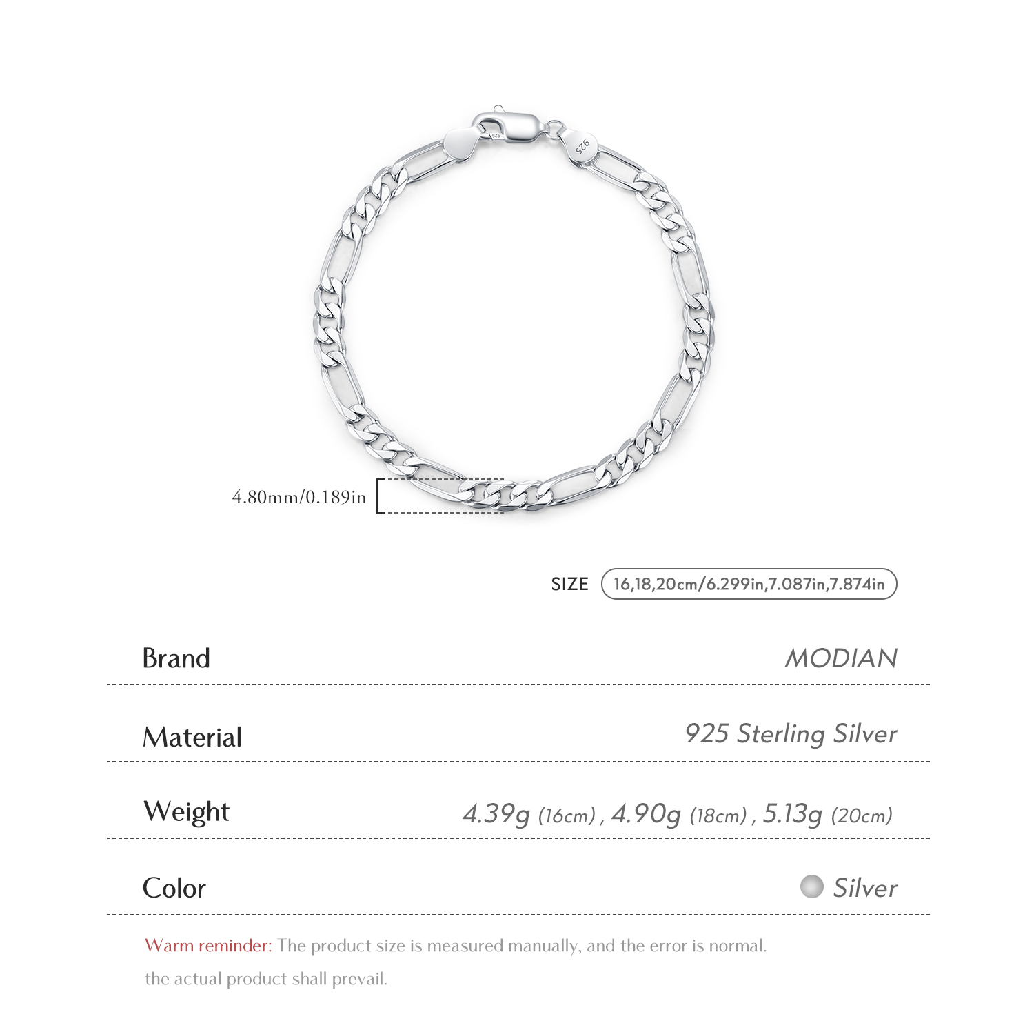 MODIAN 925 Sterling Silver 3 S - Men Accessories Chain And Bracelet reseña y precio