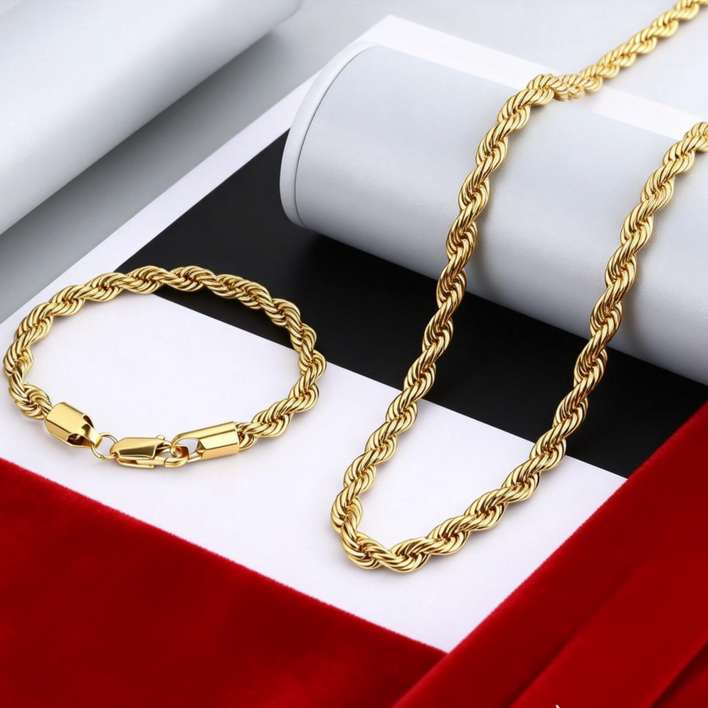 2pcs Fashion 18K Gold 4MM Twis - Men Accessories Chain And Bracelet reseña y precio